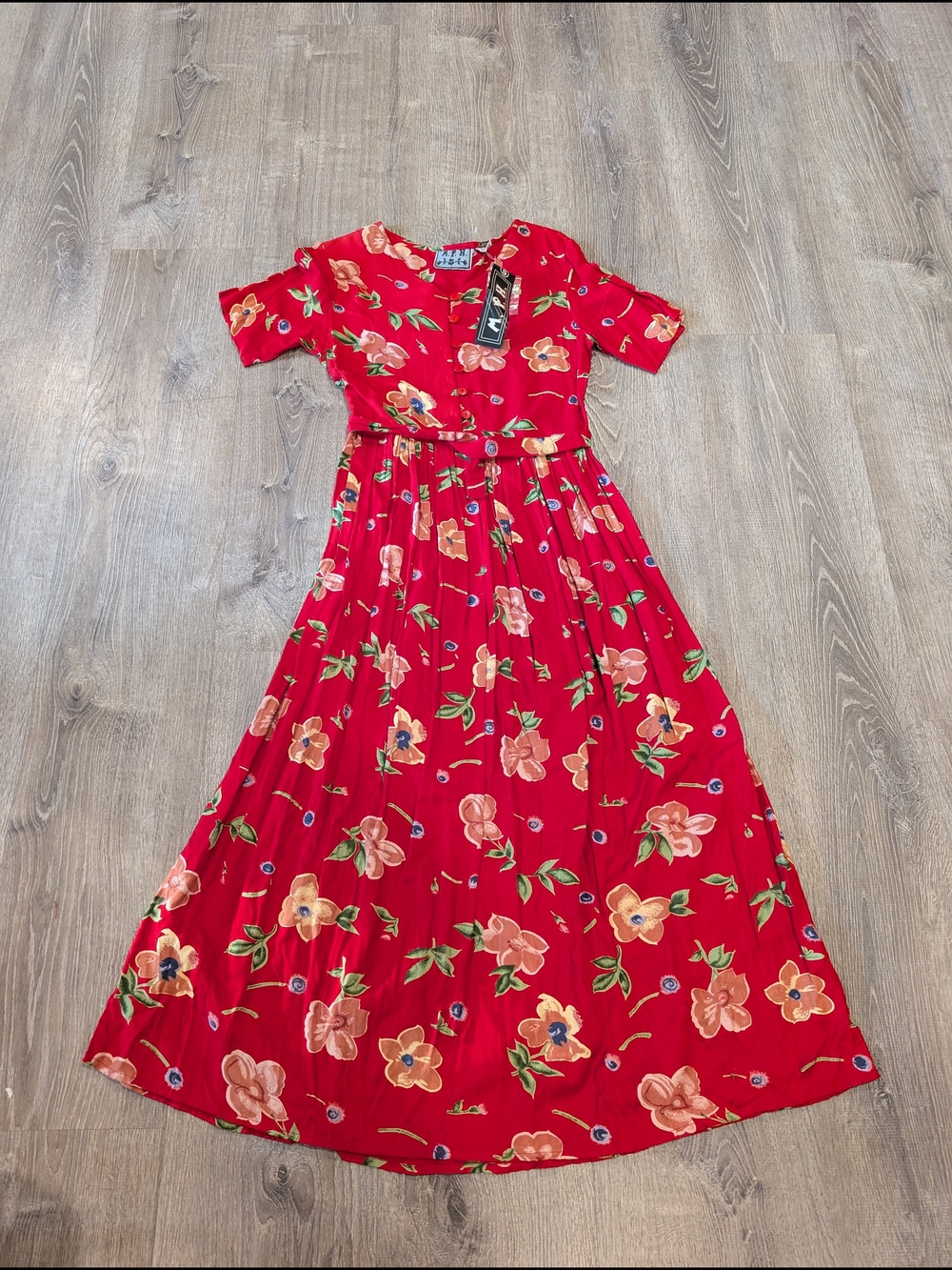 Vintage 90s MPH Red Floral Rayon Button Front Midi Dress Cottagecore Grunge S